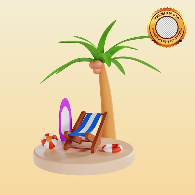 Zomerstranddek en kokospalmen 3D-illustratie Premium PSD