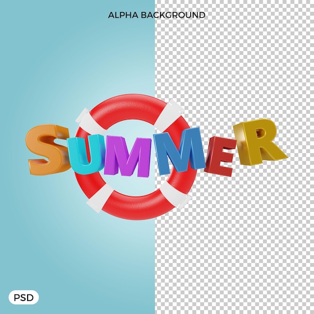 PSD zomertekst met reddingsboei 3d-rendering