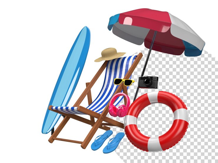 PSD zomervakantie concept met surfboard sunglass zwemringen strandstoel strandbalparaplu en zomeraccessoires elementen 3d-rendering
