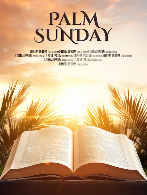 Zondag poster sjabloon met open boek en palmblad met kruis en zonsondergang scène achtergrond