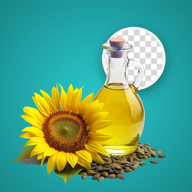 PSD zonnebloemzaadolie realistische set olie druppel sinaasappel bloem en plastic fles op doorzichtige achtergrond