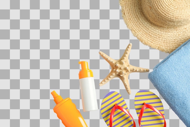Zonnebrandcrème een strohoed en flip-flops gerangschikt voor zomer plezier geïsoleerd op witte PNG