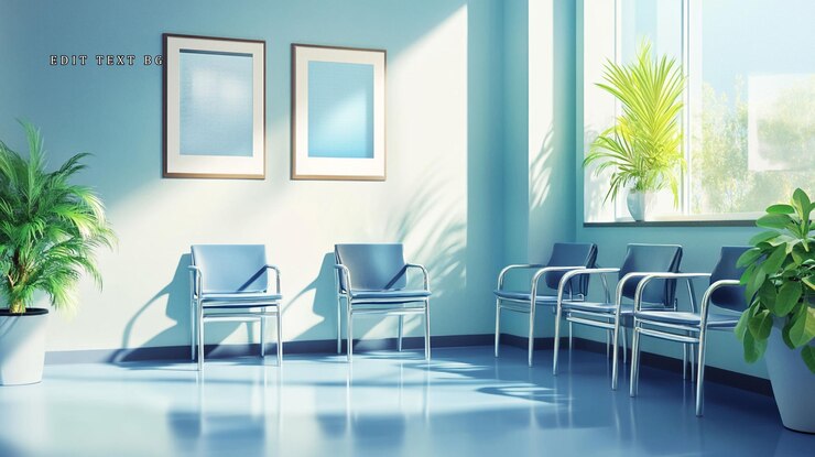 PSD zonnelichte wachtkamer met blauwe stoelen en planten