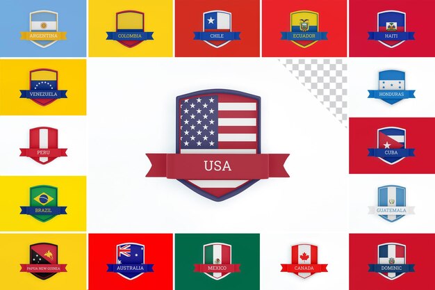 PSD zuid- en noord-amerika ad oceanië world flags ribbon banners