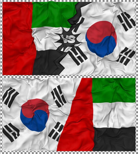 Zuid-Korea versus Verenigde Arabische Emiraten Half Combined Flag Cloth Bump Texture 3D Rendering