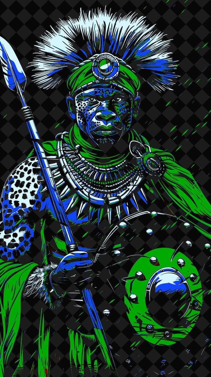 PSD zulu ndebele warrior portrait with leopard skin and shield h png illustration character designs