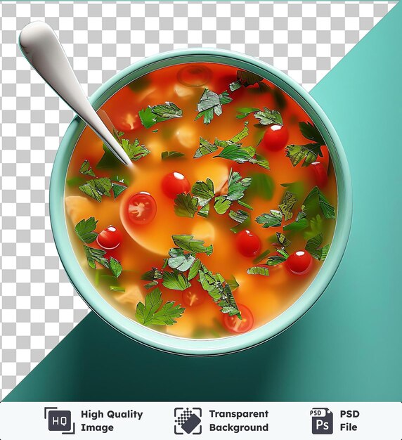PSD zupa mercimek podawana w niebieskiej misce z srebrną łyżką ozdobioną czerwonym pomidorem i zielonym liściem na niebieskim stole