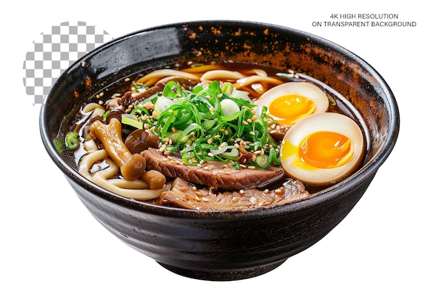 PSD zupa w stylu azjatyckim z makaronem udon, grzybami jajecznymi na przezroczystym tle