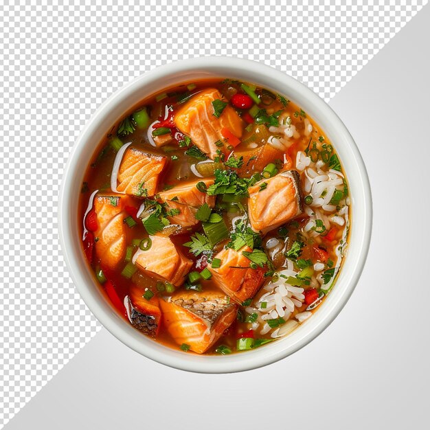 PSD zupa z rybami, warzywami z łososia i ryżem na białym tle