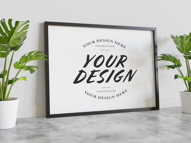 Zwart frame leunend op betonnen vloer Mockup