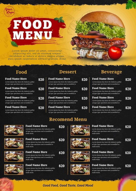 Zwart geel eten menu poster sjabloon