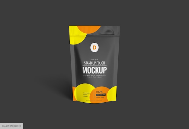 PSD zwart geel seal pouch bag mockup op podium met donkere achtergrond