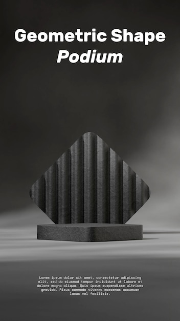 zwart keramisch getextureerd podium in portret zwarte gebogen muur 3d render afbeelding leeg mockup