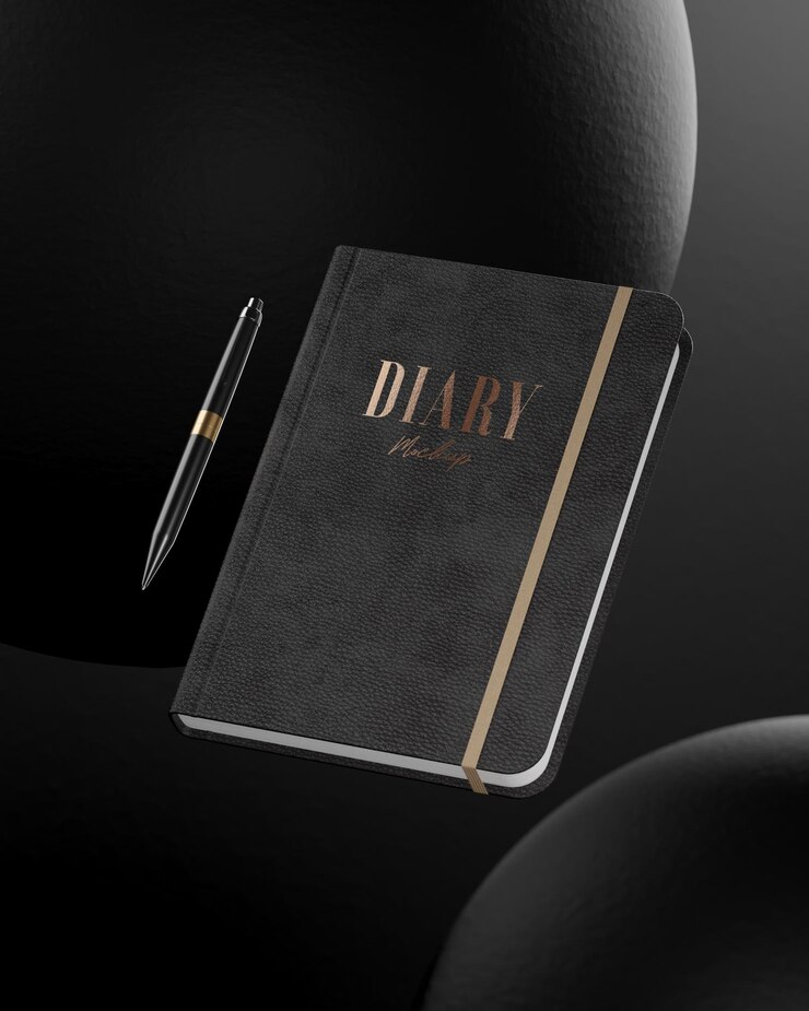 Zwart lederen luxe dagboek zwevend logo product mockup op zwarte abstracte ronde achtergrond 3d render