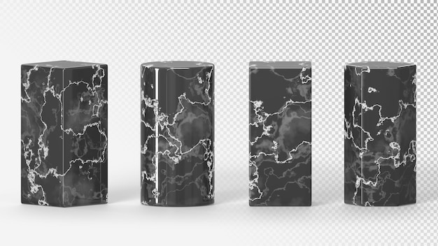 PSD zwart marmeren stenen sokkels of podia 3d render iconen set abstracte geometrische vormen cilinders rechthoekige kubussen en zeshoeken rotspijlers platforms voor weergave van cosmetisch product 3d illustratie