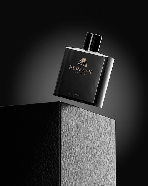 Zwart parfum geïsoleerd logo productmodel voor visualisatie op zwarte achtergrond 3d render
