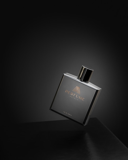Zwart parfum logo product mockup op zwarte abstracte ronde achtergrond 3d render