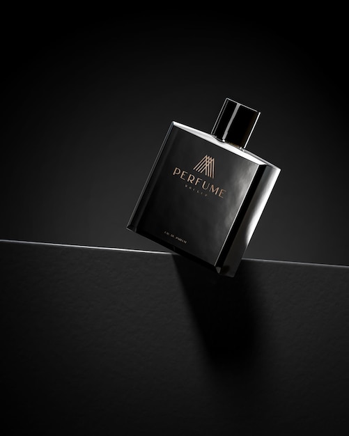 Zwart parfum logo product mockup voor visualisatie op zwarte achtergrond 3d render