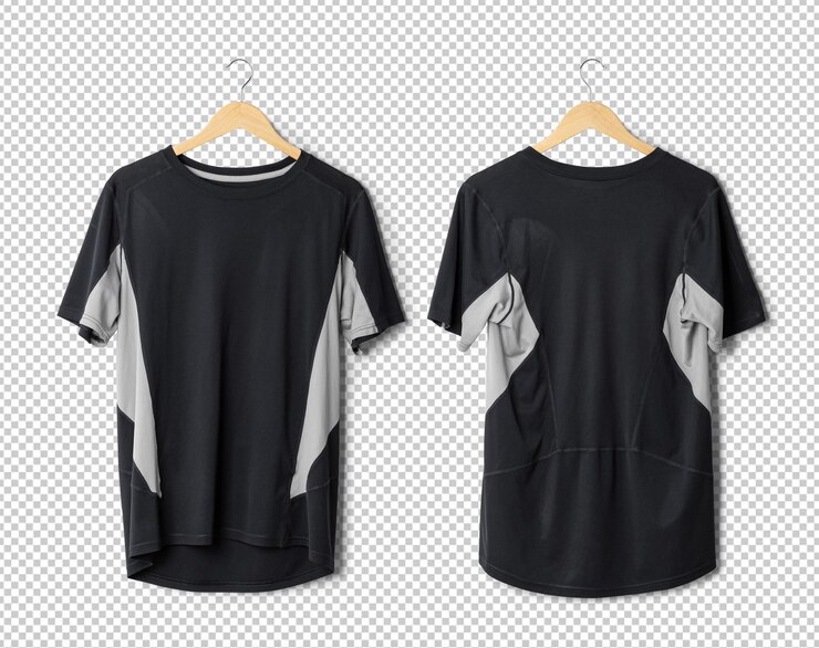 PSD zwart sport t-shirt mockup hangend voor- en achteraanzicht psd-sjabloon