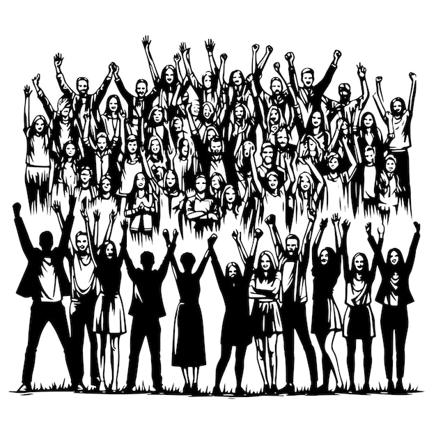PSD zwart-wit silhouet van drukke mensen van over de hele wereld met hun handen omhoog in een winnende positie