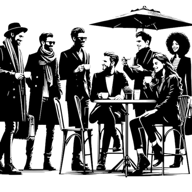 PSD zwart-wit silhouet van een groep europeanen die elkaar begroeten in het stadsstraatcafé