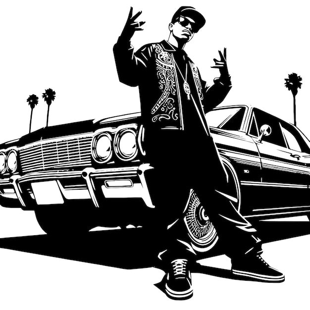 PSD zwart-wit silhouet van een hiphop rapper die poseert voor een chevrolet impala