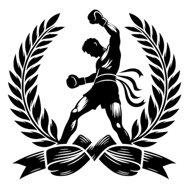 PSD zwart-wit silhouet van een laurierkrans met een boks kampioen symbool illustratie