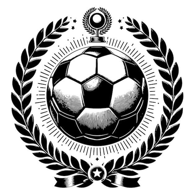 PSD zwart-wit silhouet van een laurierkrans met een illustratie van een voetbalsymbool