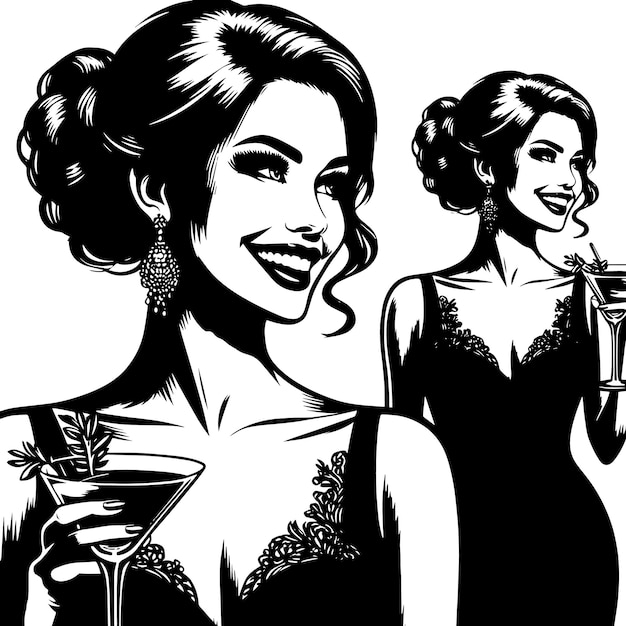 PSD zwart-wit silhouet van een vrouw in een zwarte avondjurk die van een cocktail geniet