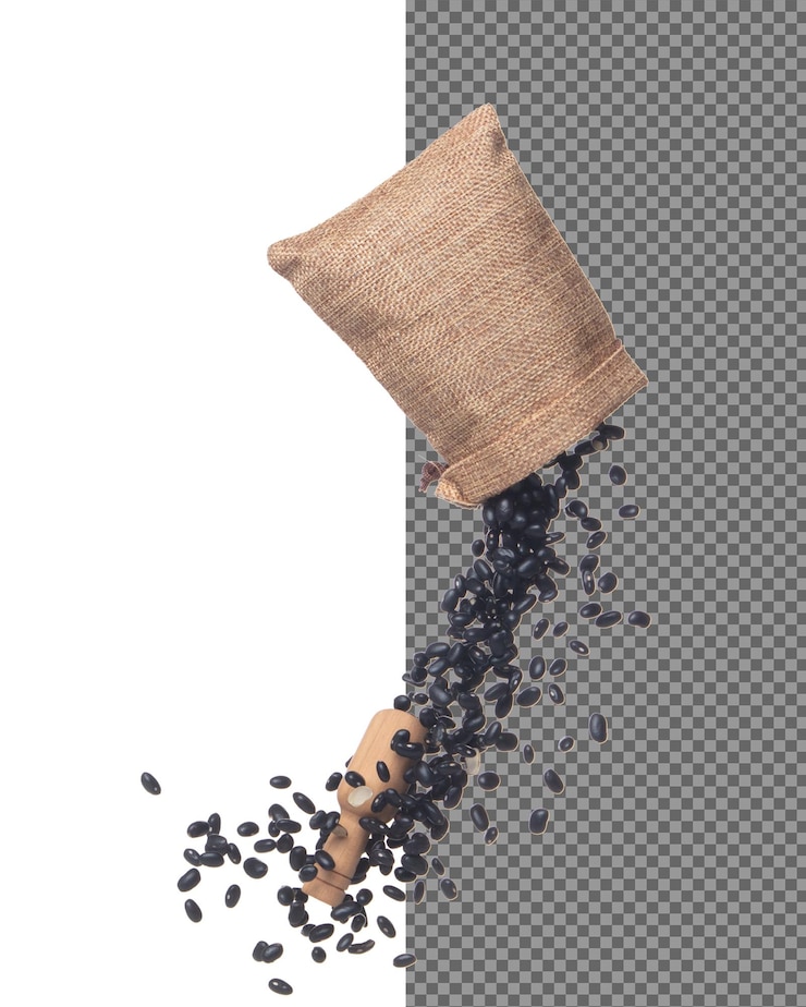 PSD zwarte bonen vliegen explosie in zak zwarte graan bonen exploderen abstracte wolk vliegen prachtige complete zaad erwt bonen zak spat in de lucht voedsel object ontwerp witte achtergrond geïsoleerd bevriezen schot
