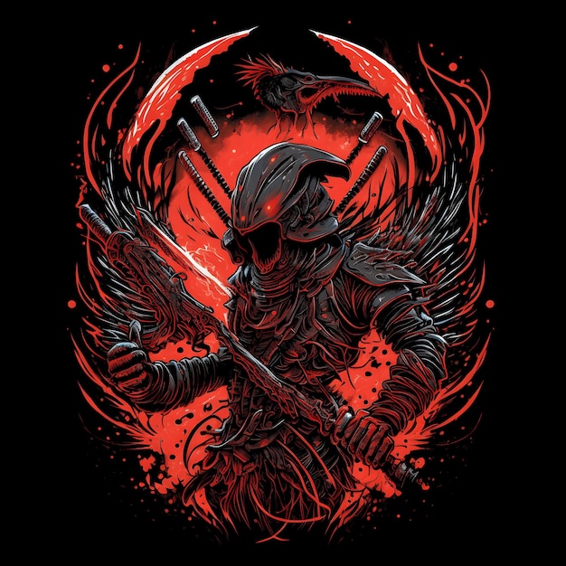 Zwarte dood samurai op zwarte achtergrond 4096px png schilderij kunststijl voor t-shirt clipart ontwerp