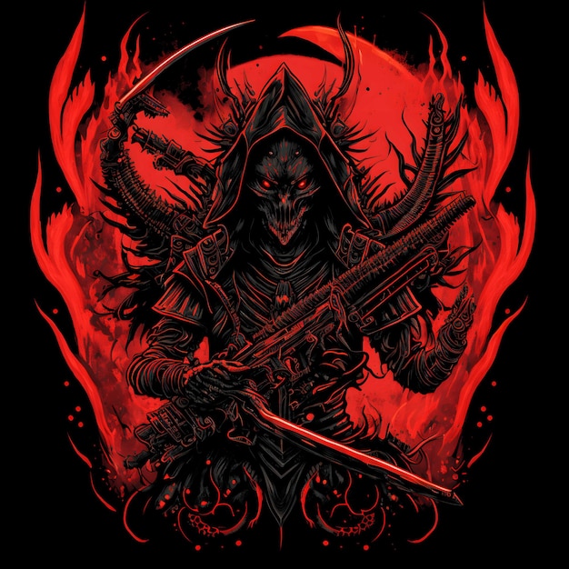 Zwarte dood samurai op zwarte achtergrond 4096px PNG schilderij kunststijl voor t-shirt clipart ontwerp