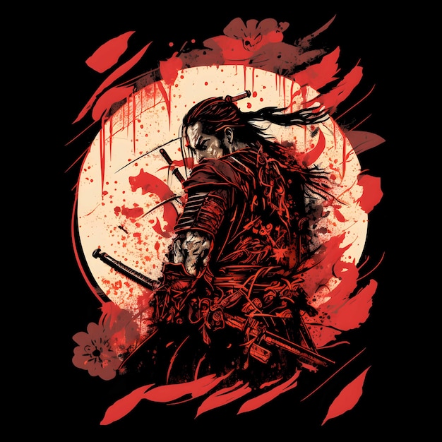 Zwarte dood samurai op zwarte achtergrond 4096px PNG schilderij kunststijl voor t-shirt clipart ontwerp