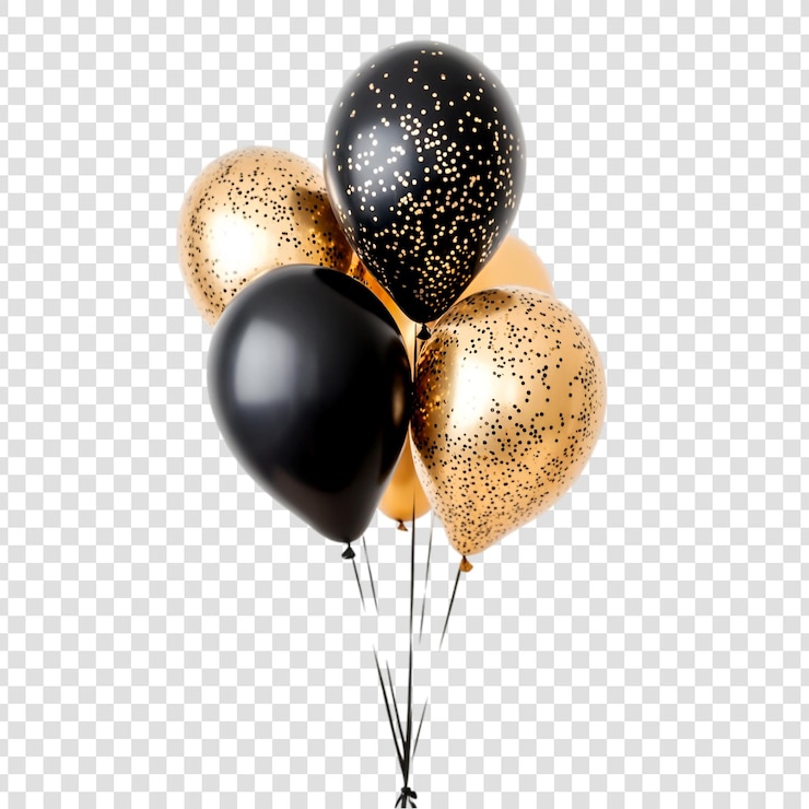 PSD zwarte en gouden ballonnen verzameld voor een feestelijke gelegenheid op een doorzichtige achtergrond