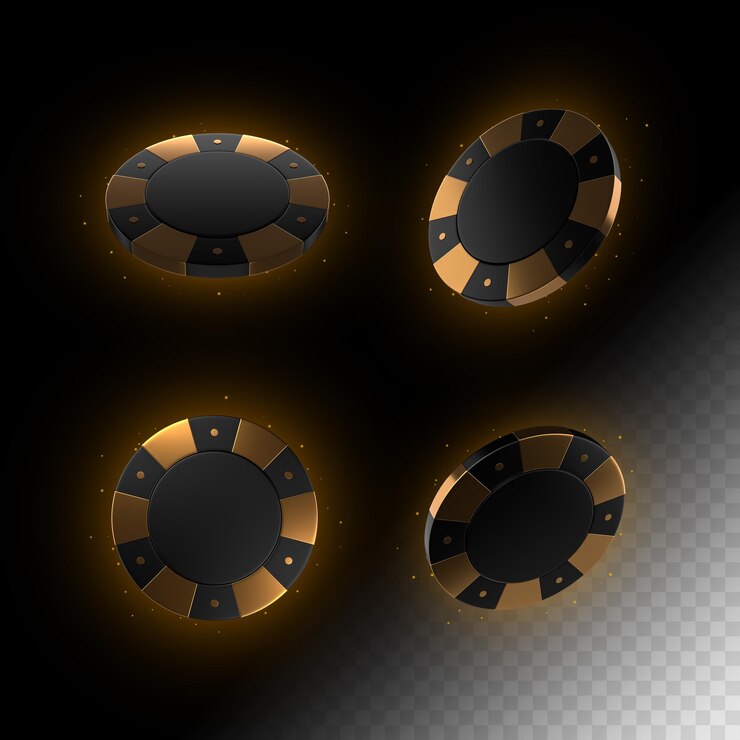 Zwarte en gouden set casinofiches geïsoleerd op de zwarte achtergrond 3D render