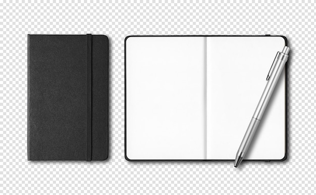 Zwarte gesloten en open notebooks met een pen geïsoleerd op transparante achtergrond