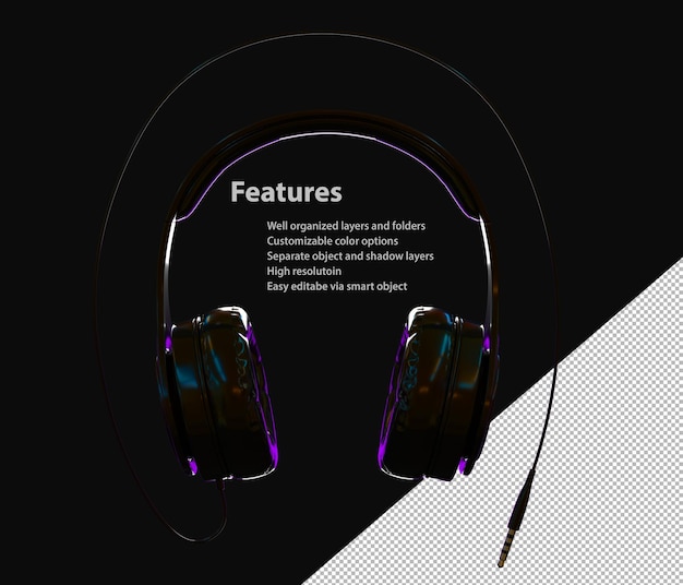 Zwarte koptelefoon voor luisteren muziek dj audio headset geïsoleerd op nacht donkere achtergrond vooraanzicht silhouet van koptelefoon met geluid luidsprekers in neon licht moderne kunst grafisch ontwerp 3d render