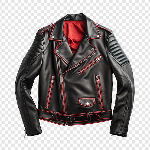 PSD zwarte lederen bikerjacket met rode zijden voering geïsoleerd op transparante achtergrond