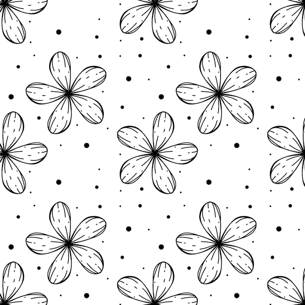 Zwarte lineaire contouren van bloemen en herhaalde polka-punten