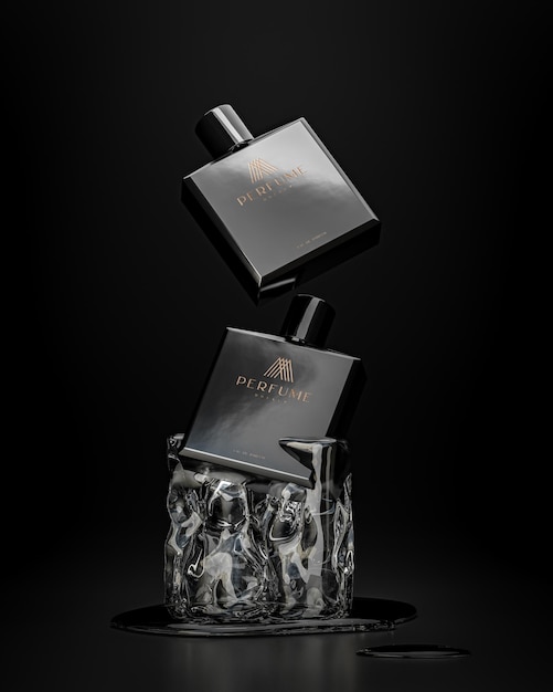 Zwarte luxe parfums op ijs logo product mockup op zwarte achtergrond 3d render
