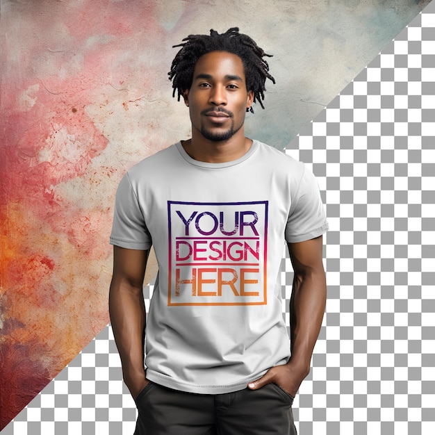 Zwarte man model poseren met een casual T-Shirt Mockup Design in een kleurrijke achtergrond