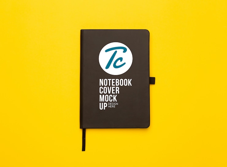 PSD zwarte notebook coveron gele achtergrond. mockup-sjabloon voor uw ontwerp