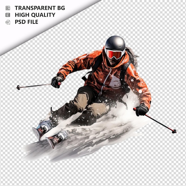 PSD zwarte persoon skiën ultra realistische stijl witte achtergrond