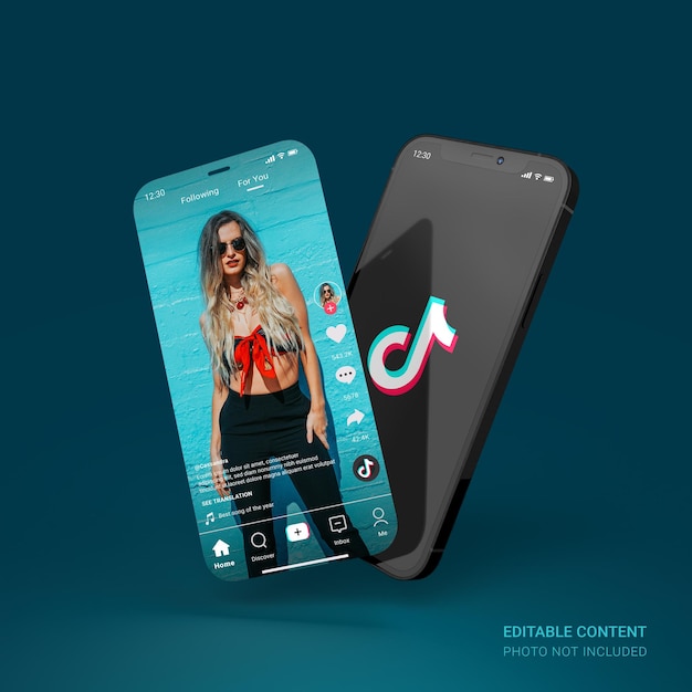 Zwarte smartphone mockup met bewerkbare sociale media tiktok gebruikersinterface