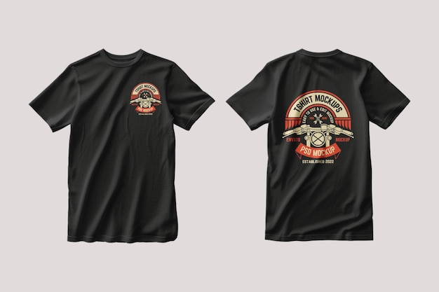Zwarte T-shirt mockup met retro stijl badge design
