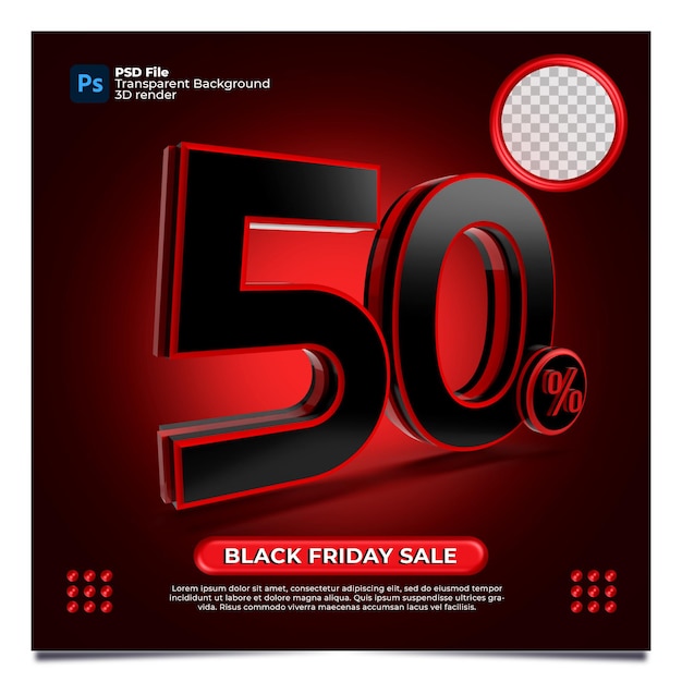 Zwarte vrijdag 50 procent korting verkoop 3d render met kleur rood