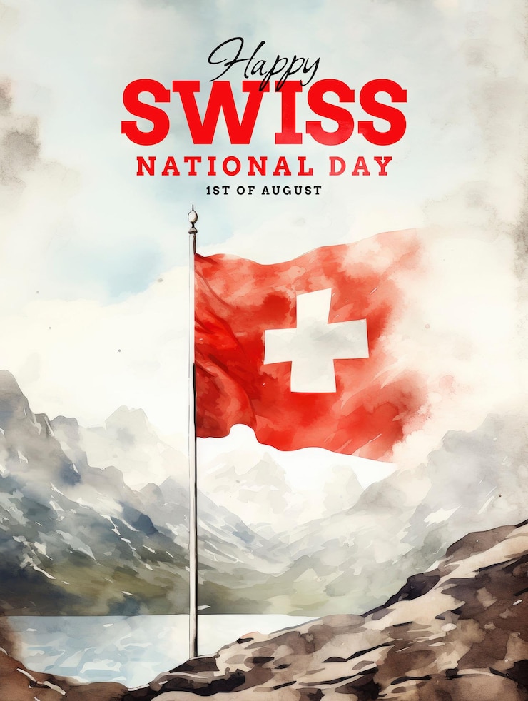 PSD zwitserse nationale dag sjabloon poster met zwitserse vlag achtergrond in waterverf stijl
