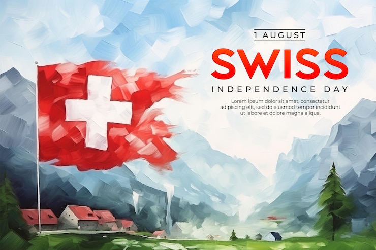 PSD zwitserse onafhankelijkheidsdag poster sjabloon met zwitserse vlag achtergrond in waterverf stijl