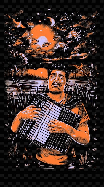 PSD zydeco accordion player wykonujący w louisiana bayou z ilustracjami muzycznych plakatów