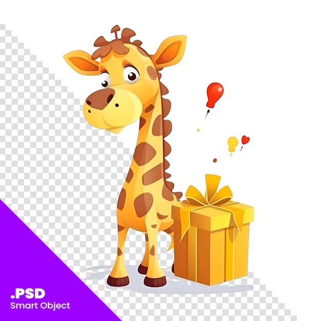 PSD Żyrafa z pudełkiem podarunkowym słodka postać z kreskówki ilustracja wektorowa szablon psd
